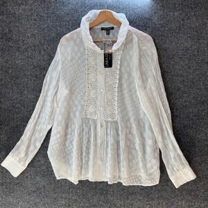 Linea Domani XL Sheer Lace Ruffle Blouse Ivory Button Down Long Sleeve Boho Chic